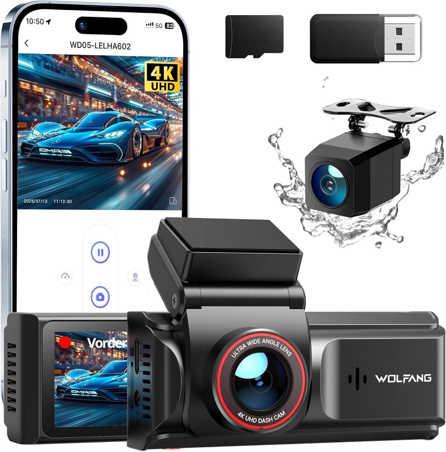 WOLFANG 4K front and rear Wi‑Fi dashcam with app control