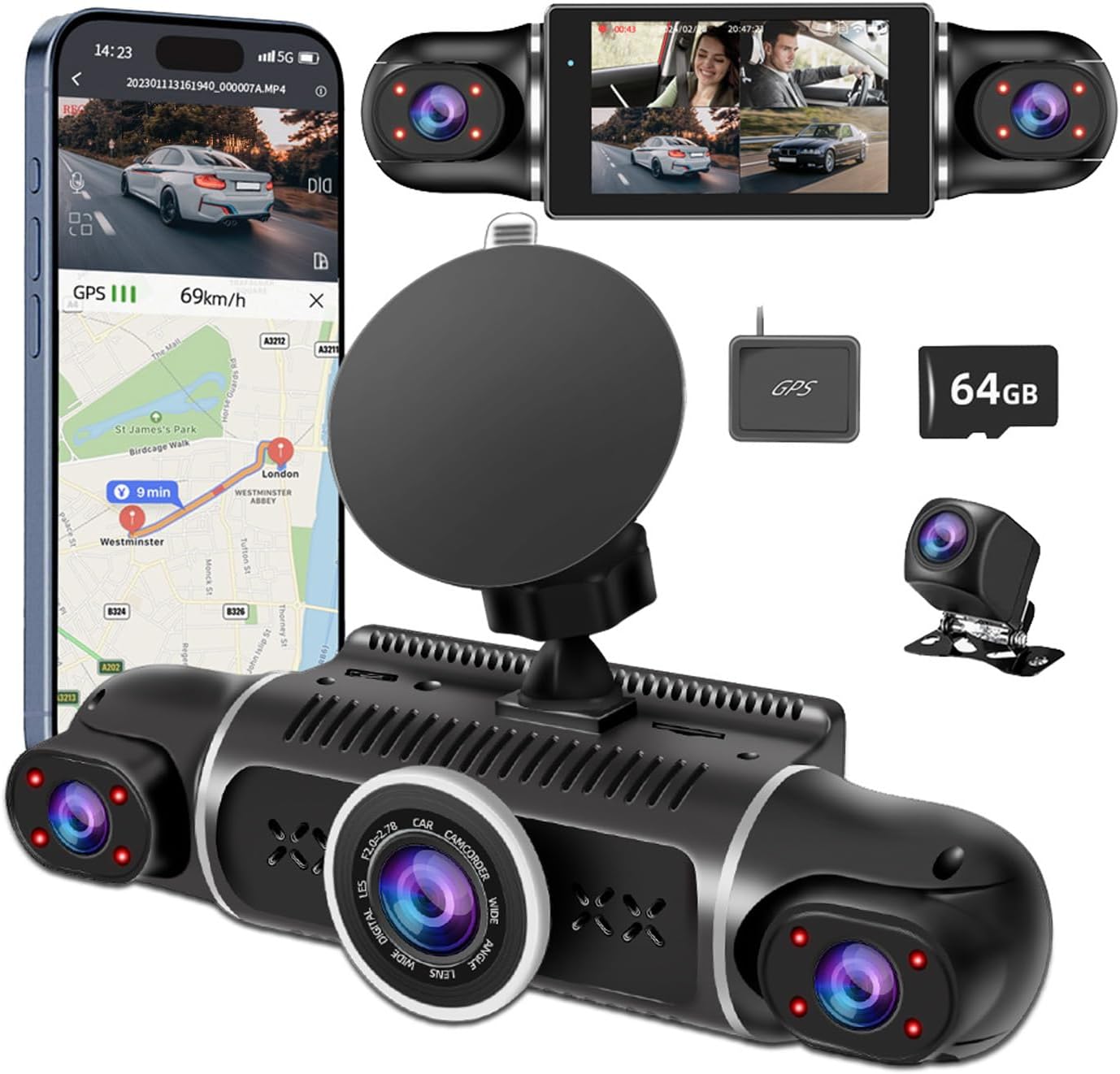 Zunfly W2 4‑channel 360° dash cam front rear sides interior